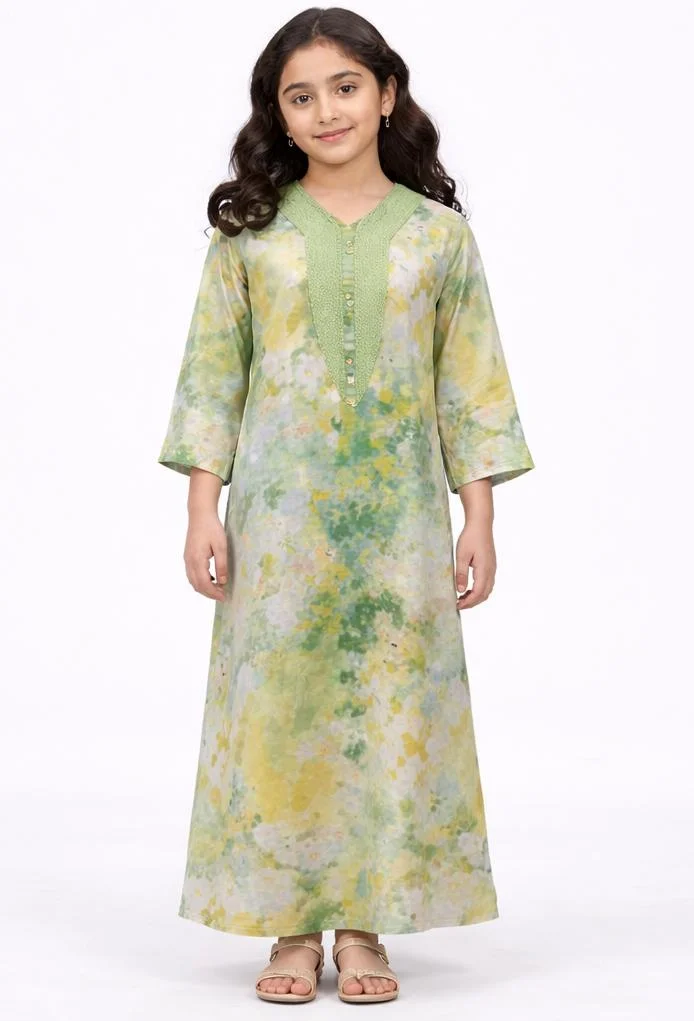 Artemea  Girls Green Digital printed Jalabiya with Embroidered V-Neck – Modest Ankle Length Dress for Women | Best Price UAE